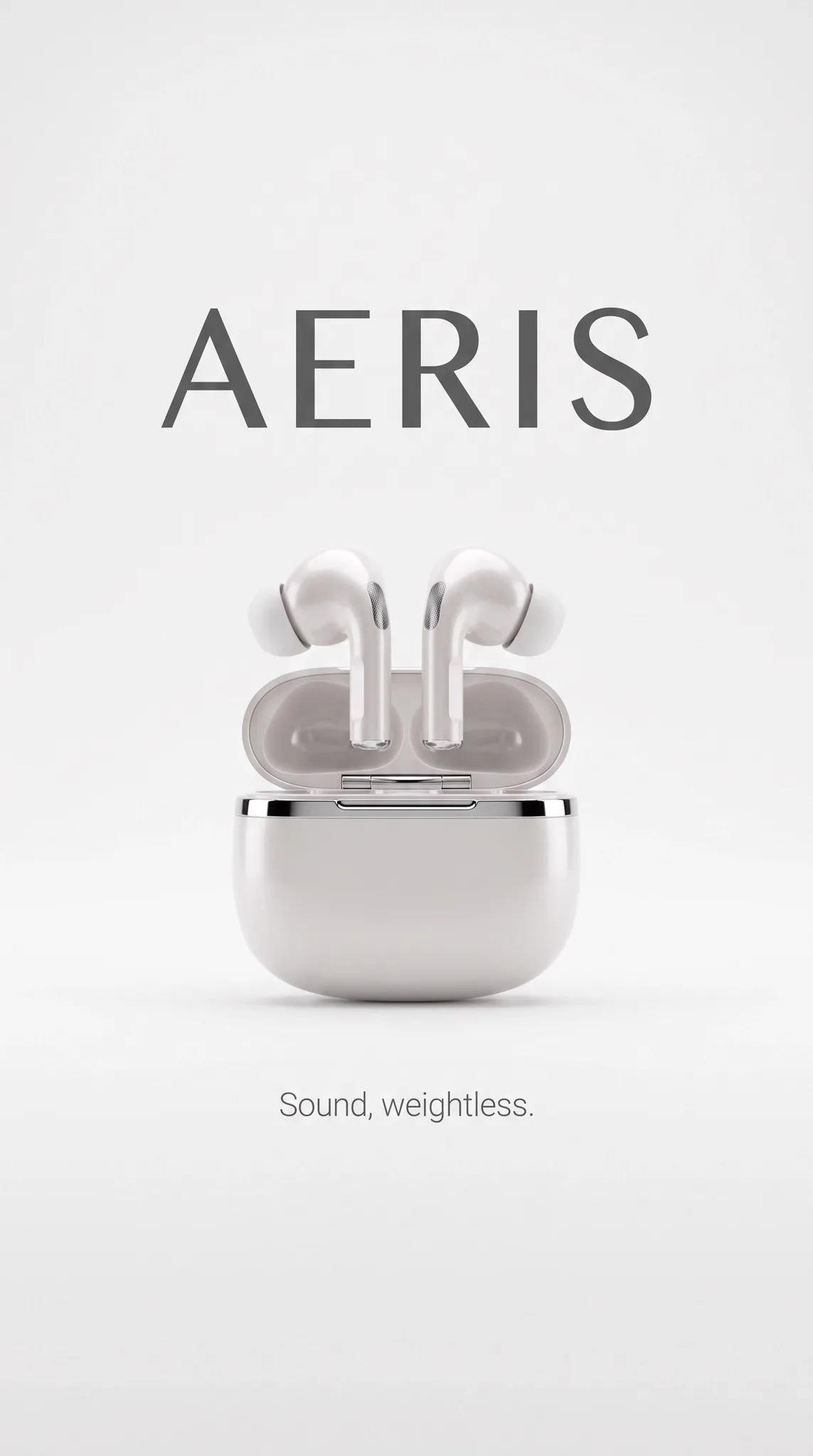 White identity end card, earbuds rising from the open case under the AERIS wordmark