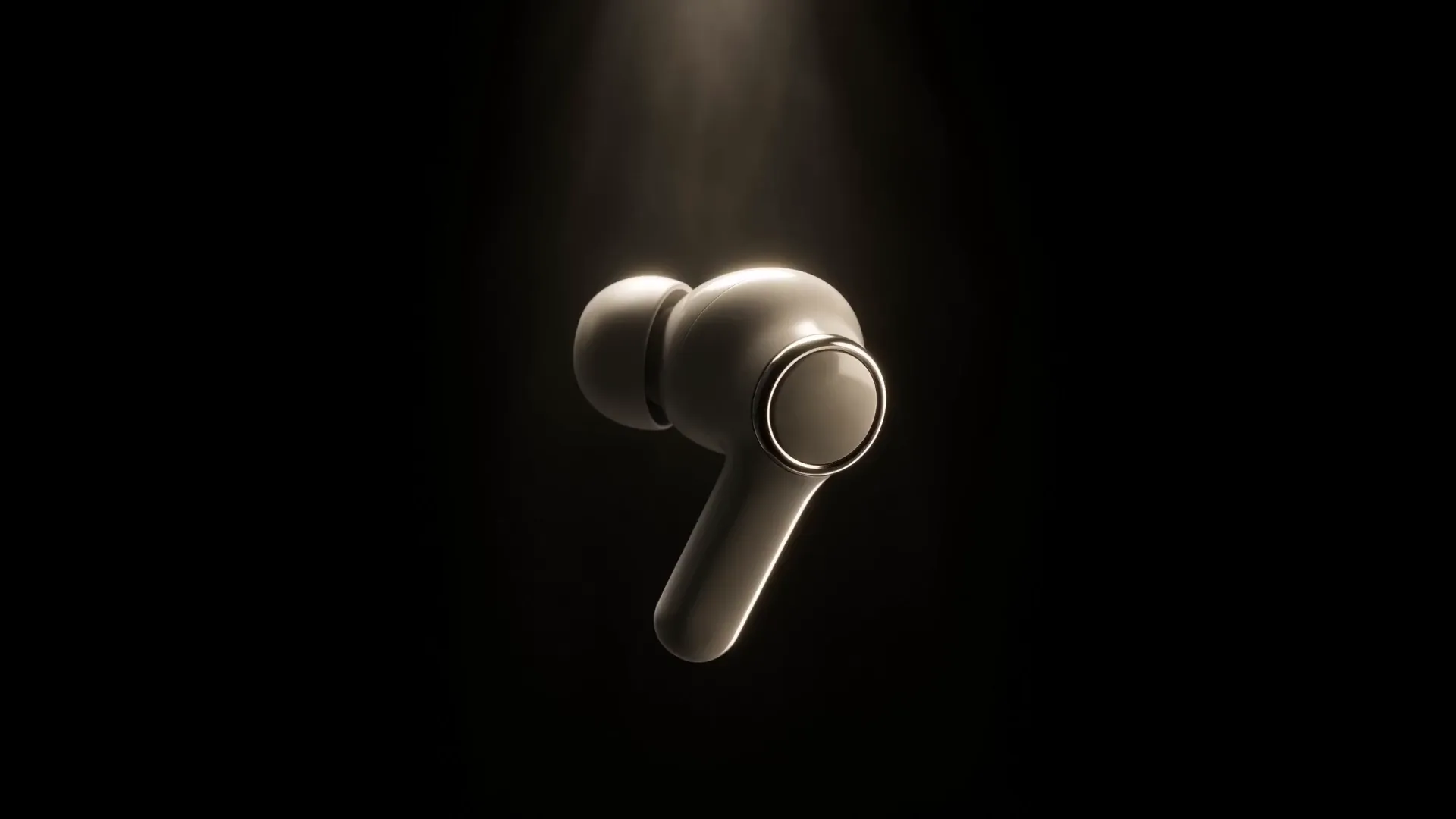AERIS earbud suspended in a black void under a single warm beam of light