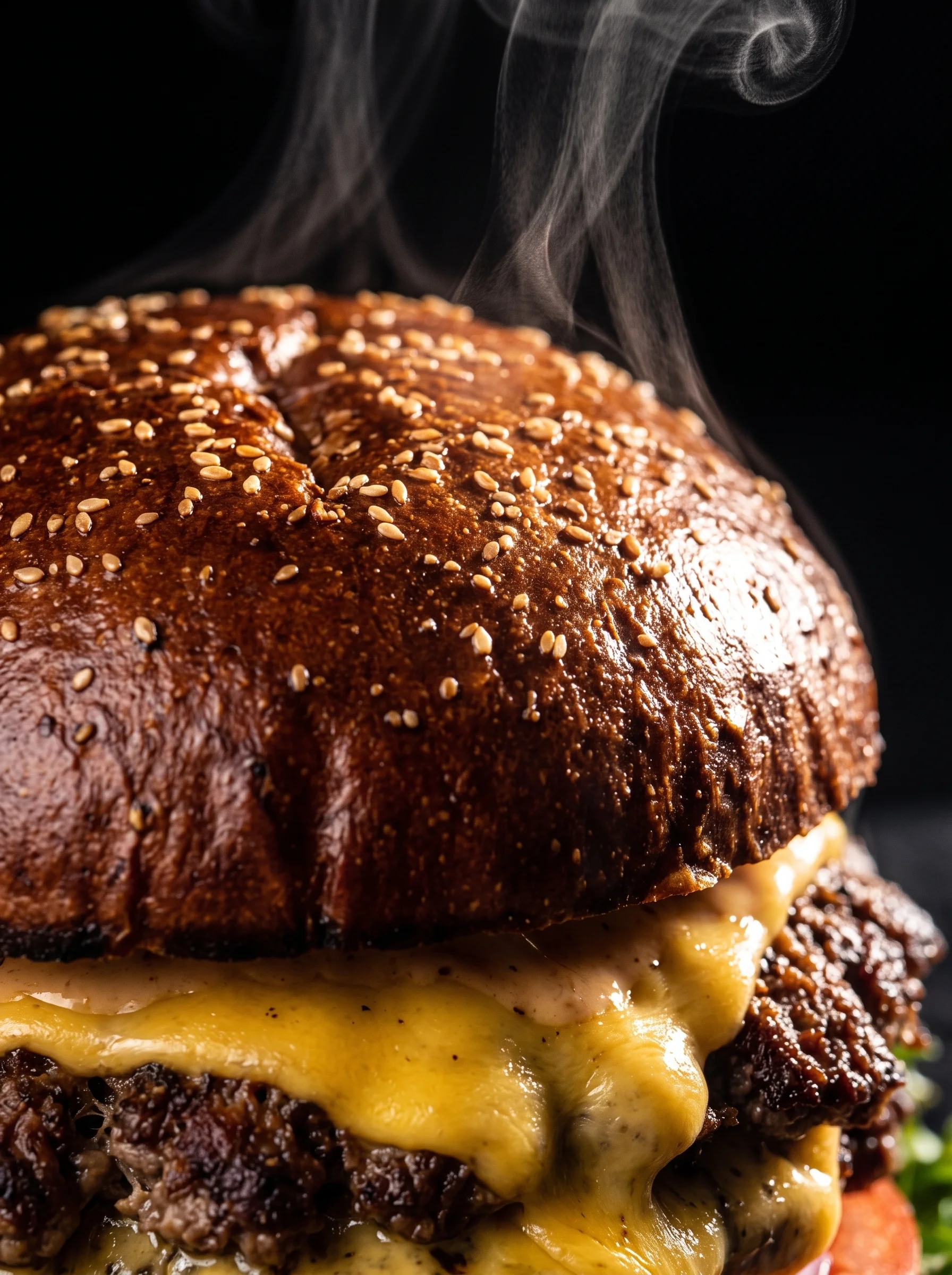 Macro of the toasted sesame bun crown with steam