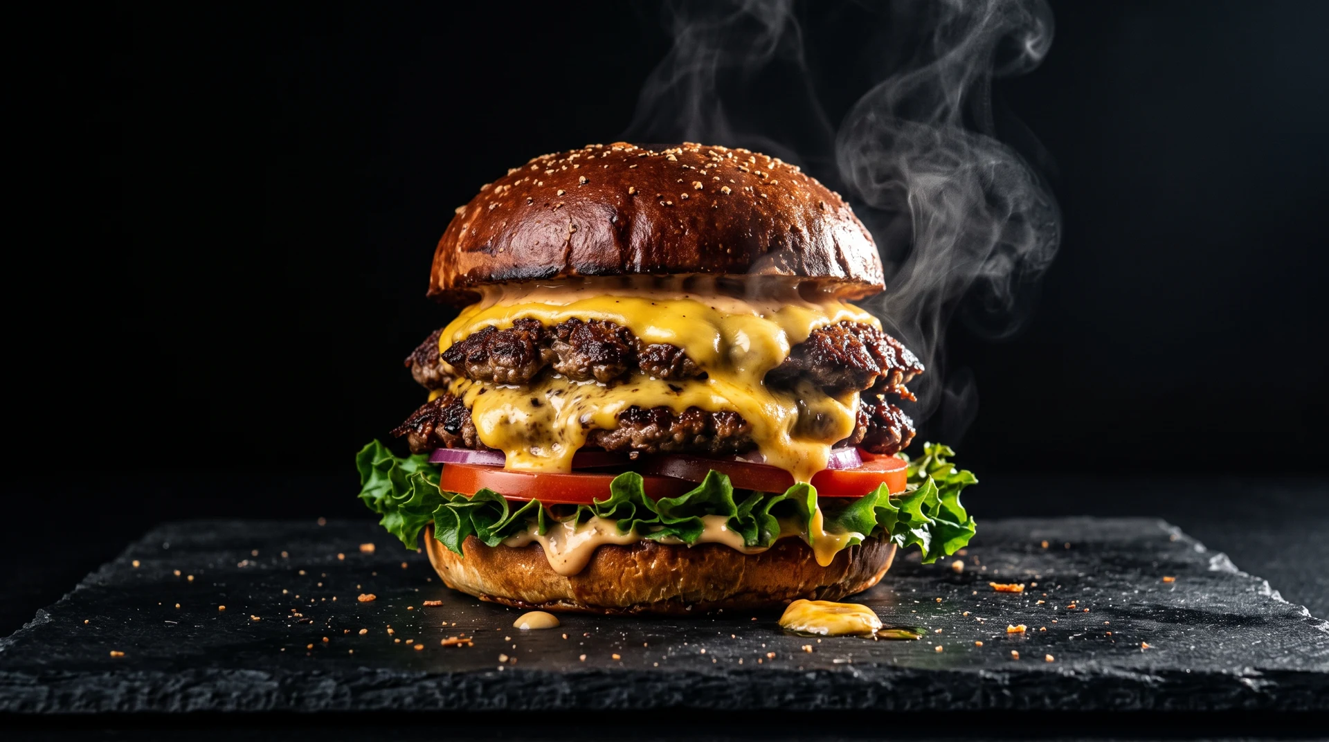 The Burnt End, a stacked smash burger with lettuce and tomato on dark slate