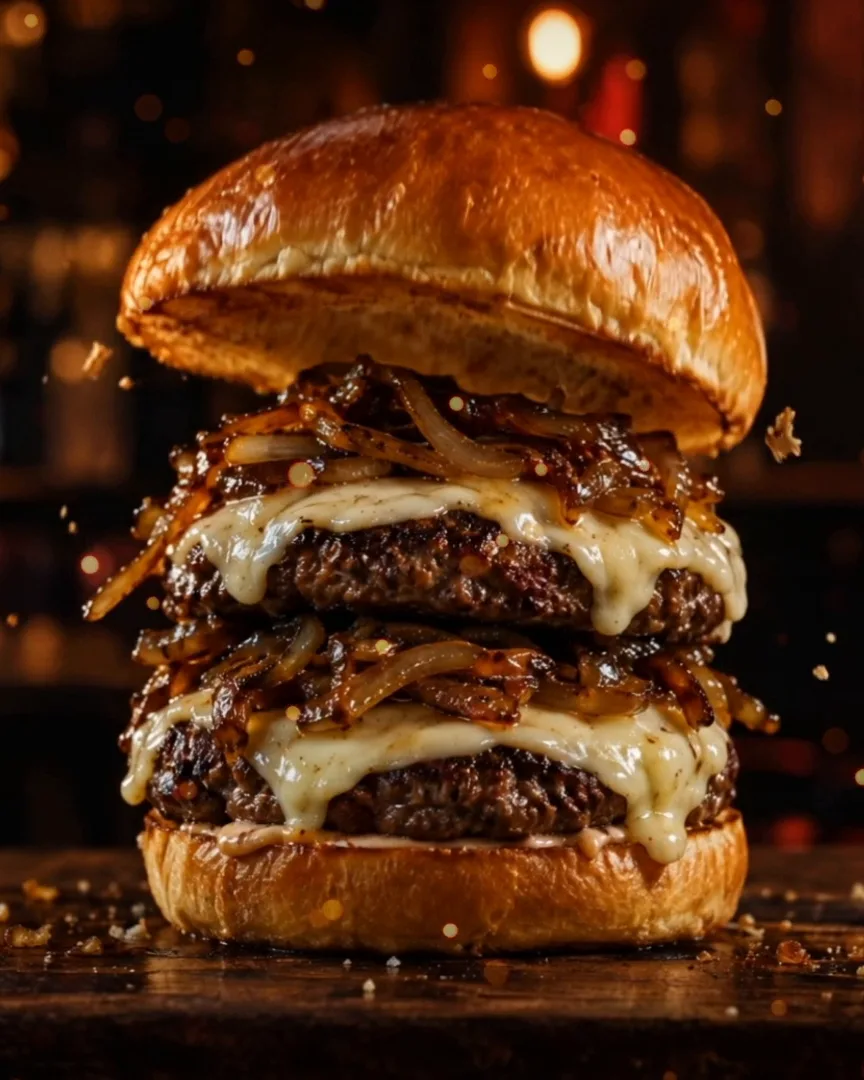 The bun drops onto a double cheeseburger with caramelised onions, crumbs in the air