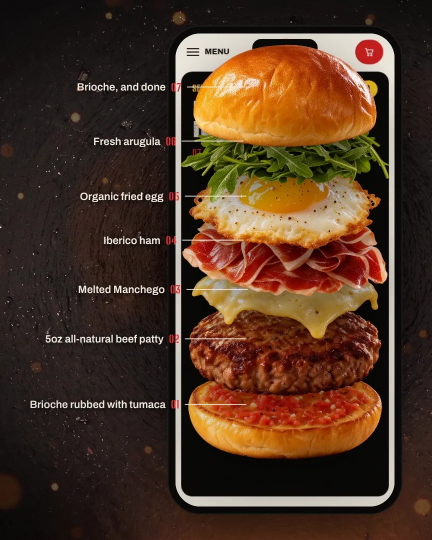The Iberico exploded layer by layer on a phone, each ingredient labelled