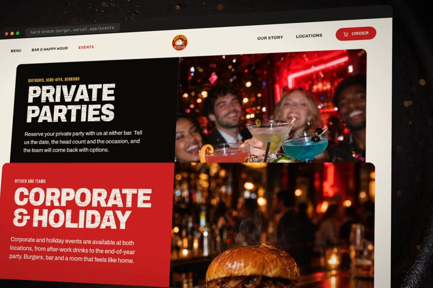 The events page in a browser: Private Parties stacked over Corporate and Holiday