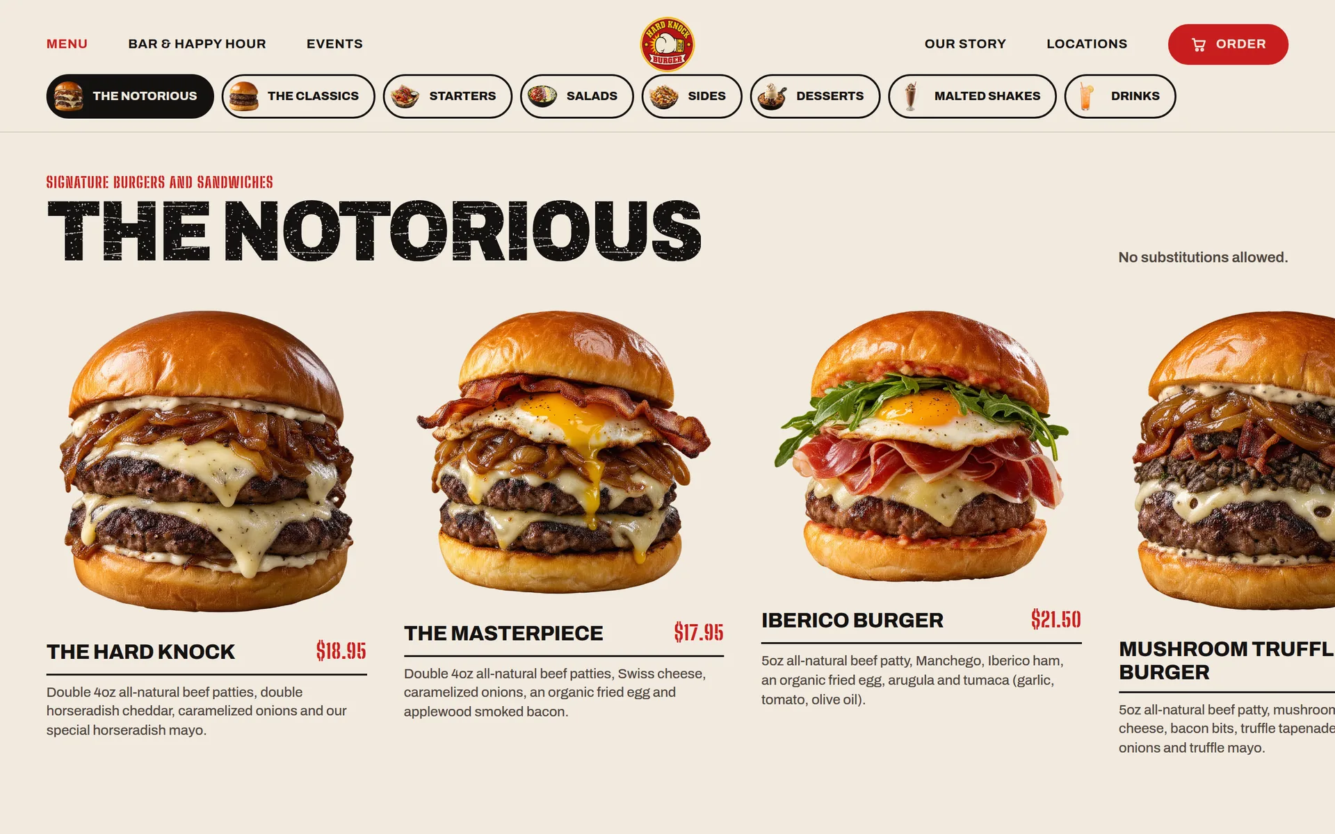 The menu page: THE NOTORIOUS row of signature burgers, opening with The Hard Knock