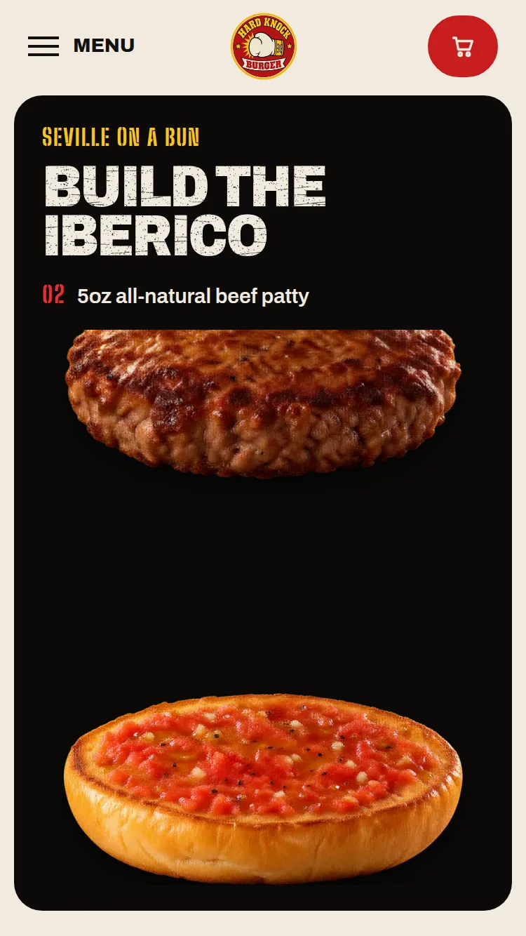 Build the Iberico on a phone: the beef patty drops onto the tumaca-rubbed brioche