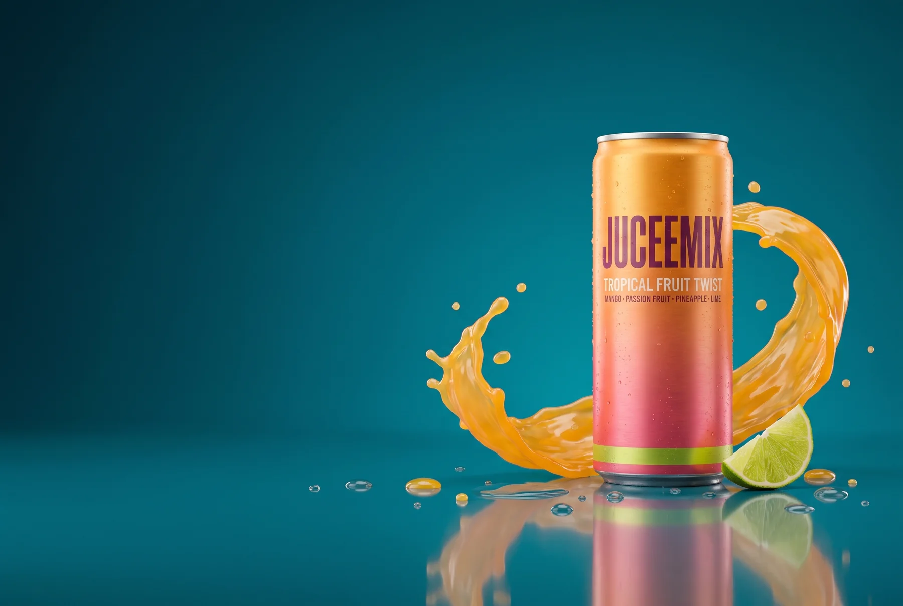 The can on a wet teal surface with negative space for typography