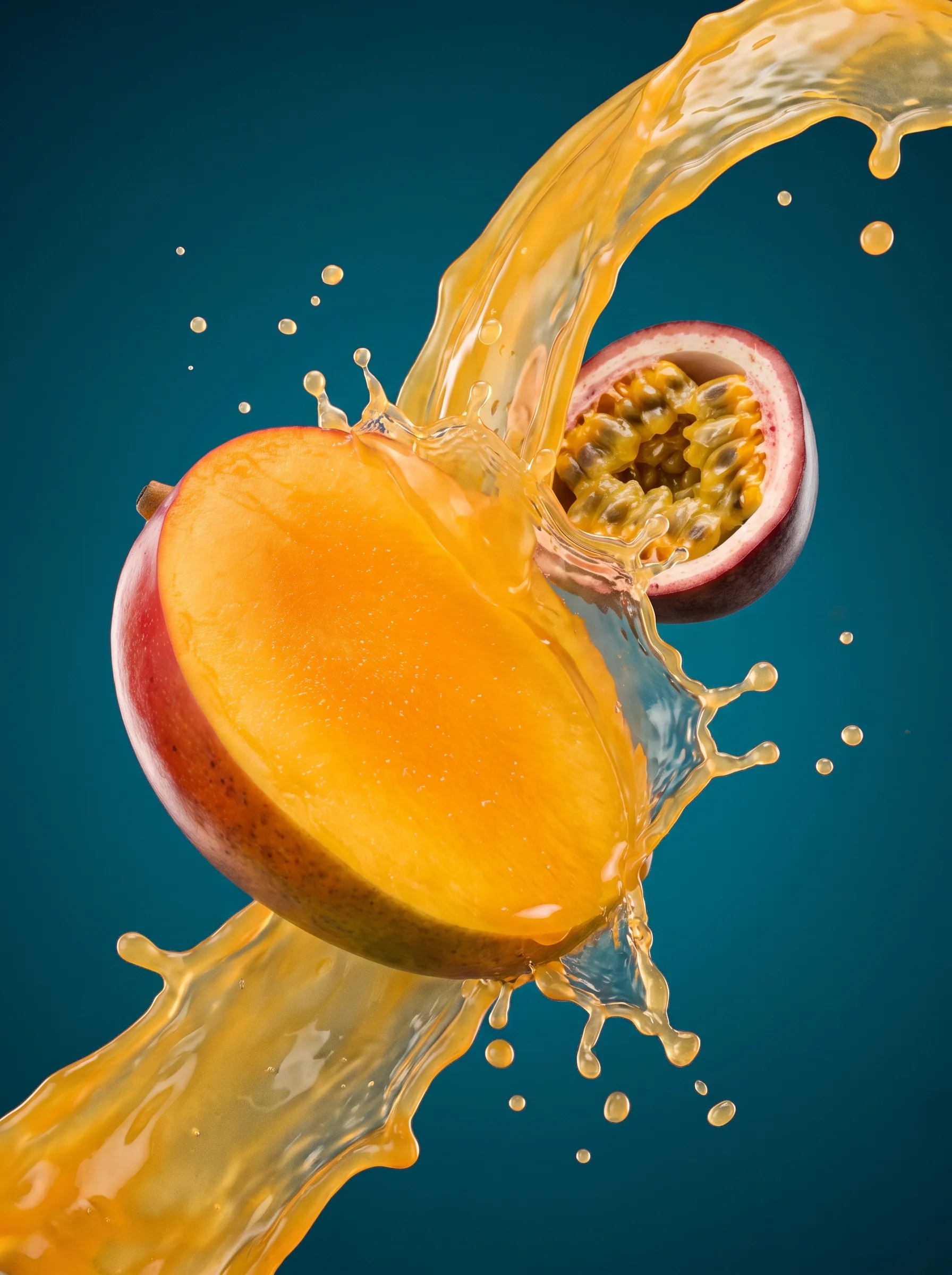 Mango and passion fruit colliding with the juice arc
