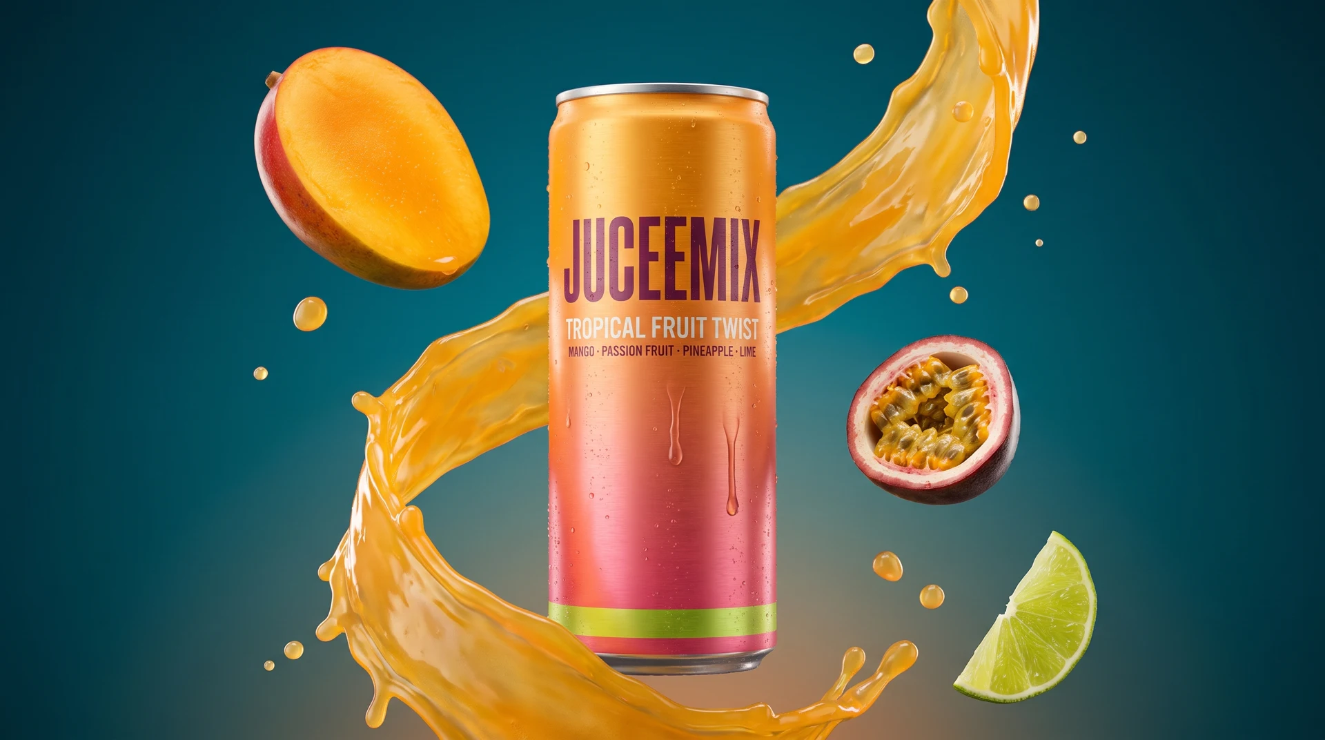 Juceemix Tropical Fruit Twist can inside an arc of frozen tropical juice