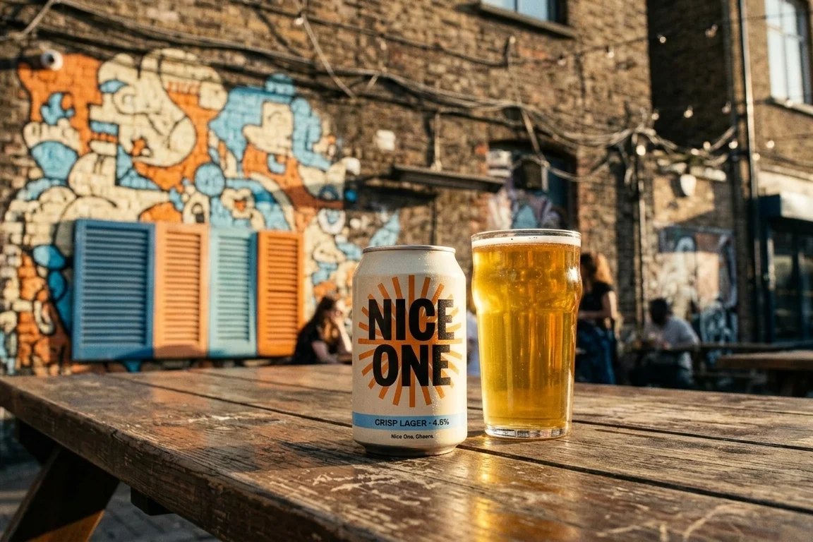 Can and pint on a worn pub table against a painted Shoreditch wall