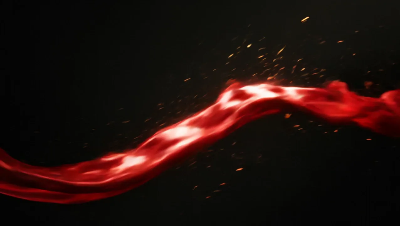 A wave of molten scarlet pigment with gold shimmer