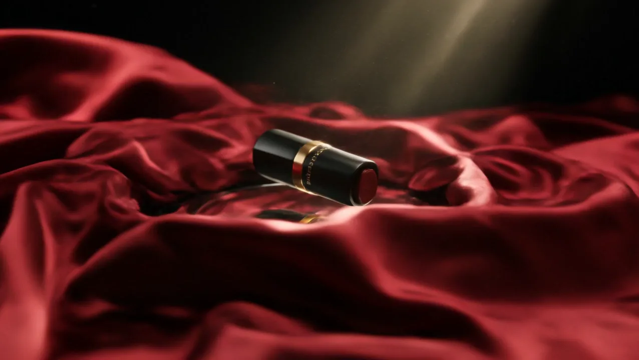 The lipstick resting in billowing scarlet silk