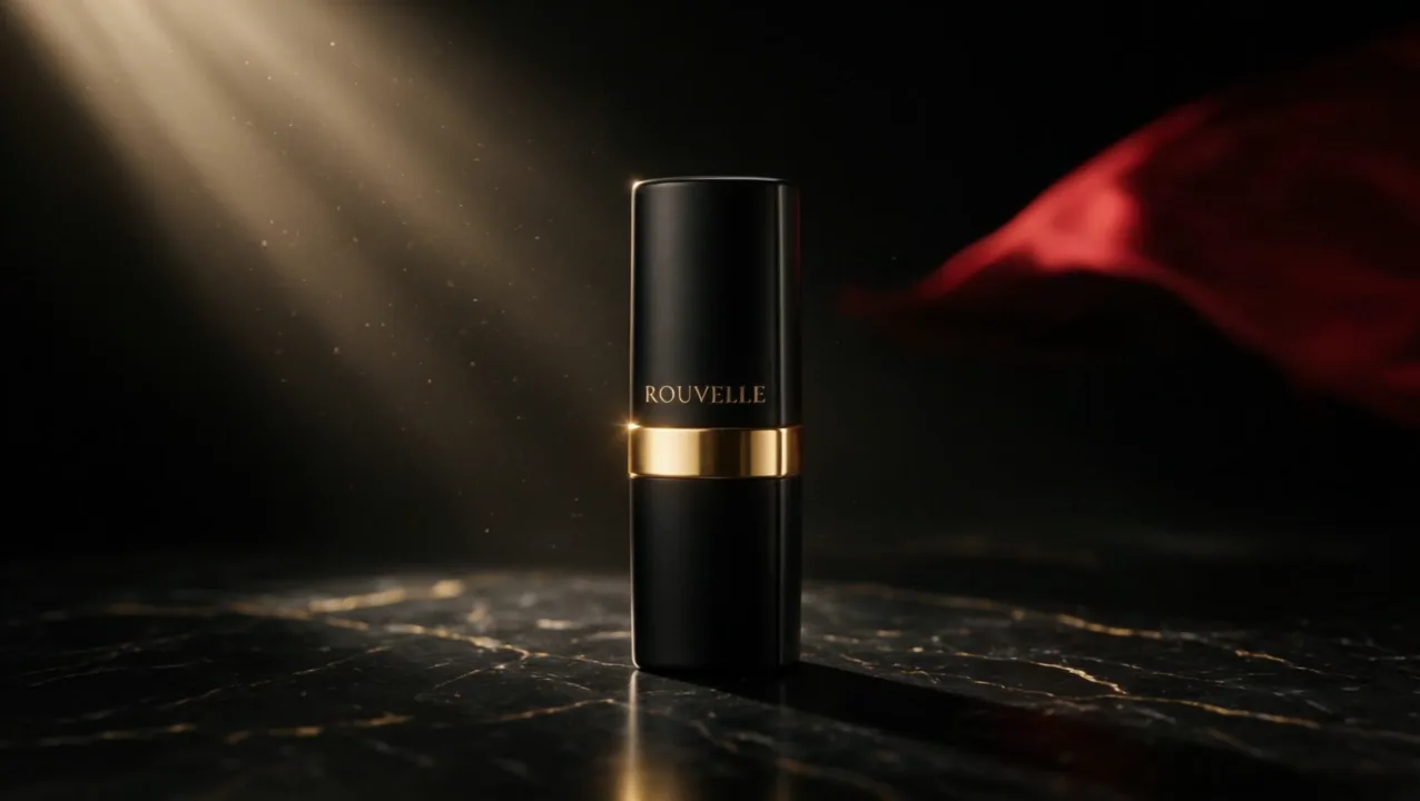 Matte black and gold Rouvelle lipstick case standing on black marble under a warm spotlight