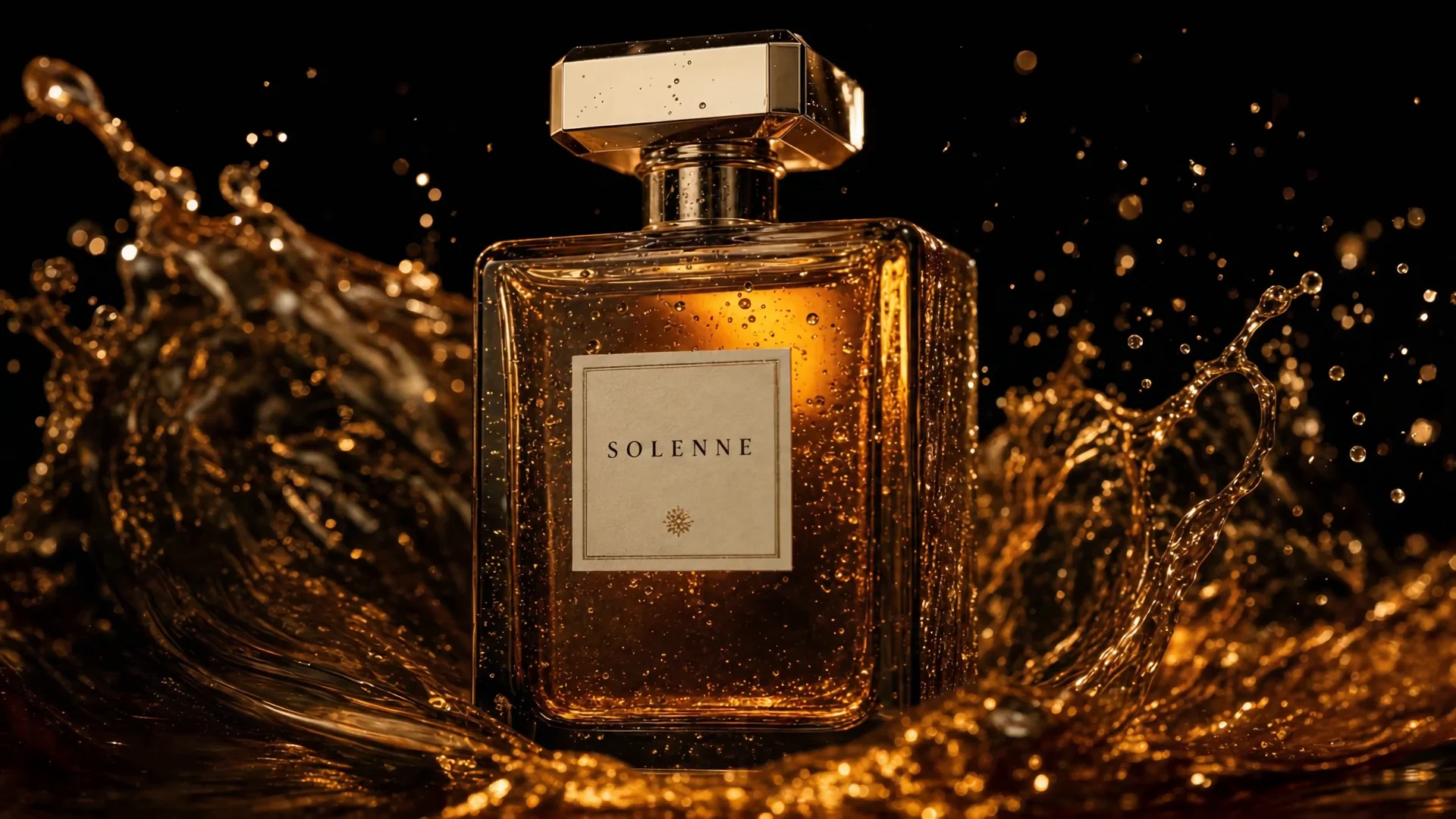 The bottle in a frozen crown of golden liquid